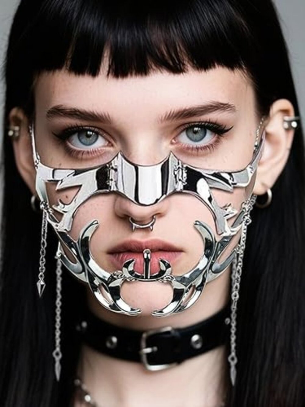 Cyberpunk Metal Half Mask Unisex Adjustable Chain for Masquerades Fest
